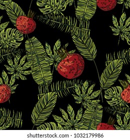 Seamless pattern with pomegranate fruit and tropical leaves on black background. Vector illustration. 