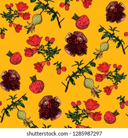 Seamless pattern with pomegranate fruit,flowers  and branches on black background. Vector illustration. Typography design elements for prints, cards, posters, products packaging, branding. 