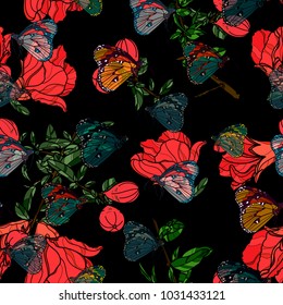 Seamless pattern with pomegranate fruit,flowers, butterflies and branches. Vector illustration. Typography design elements for prints, cards, posters, products packaging, branding. 