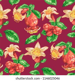 Seamless pattern with pomegranate fruits, buds and flowers in graphic vector illustration