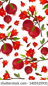 Seamless pattern pomegranate fruits with flower on white background, Fresh organic food, Red ruby fruits pattern. Vector illustration.