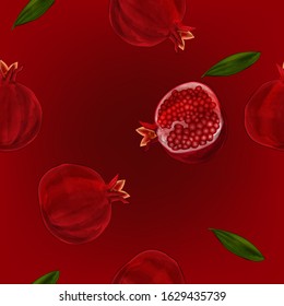 
Seamless pattern with pomegranate fruits and green leaves on a red background. Vector illustration of pomegranate fruits. Design for cosmetics, spa, health products, perfumes, wrapping paper, textil