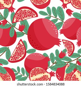 Seamless pattern  pomegranate fruits with leaf on white background. Vector illustration.