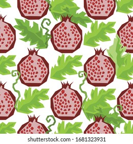 Seamless pattern with pomegranate fruits and leaf on white background, vector illustration