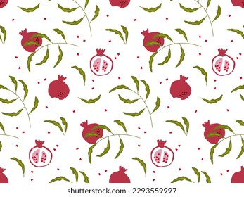 Patrón sin foco con frutos granados, rama de hoja, semillas. Fondo de boceto del doodle a mano libre. Frutas enteras y mitad cortada. Plantilla de vectores alimentarios para menú, papel tapiz de vivero, textil, papel envolvente