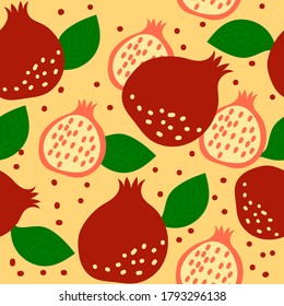 Seamless pattern with pomegranate fruits and leaves on yellow background. Vector cartoon illustration.