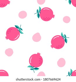 Seamless pattern  pomegranate fruits with leaves on white background. Vector illustration.