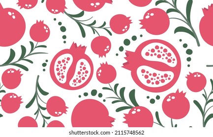 Seamless pattern  pomegranate fruits with leaves on white background. Vector illustration.