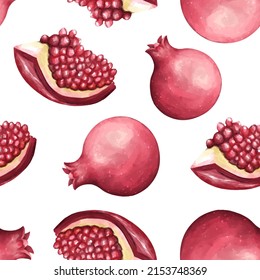 Seamless pattern  pomegranate fruits with leaves on white background. Vector illustration.