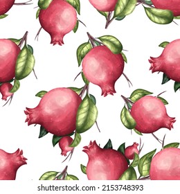 Seamless pattern  pomegranate fruits with leaves on white background. Vector illustration.