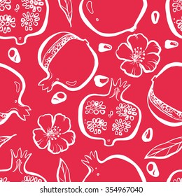 Seamless pattern with pomegranate fruits and leaves. Floral  background. Natural print texture. Cloth design. Wallpaper