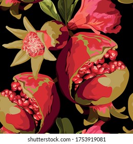 Seamless pattern with pomegranate fruits on black background. Design for cosmetics, spa, pomegranate juice, health care products, perfume. Best for textile or wrapping paper.