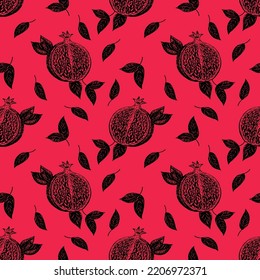 Seamless pattern with pomegranate fruits on a red background. Stock illustration on a horticultural theme. It is used for menus, advertisements and covers, packaging paper, food illustrations.