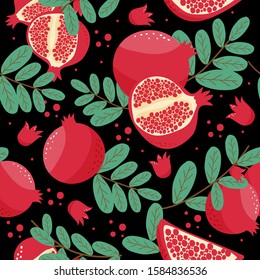 Seamless pattern  pomegranate fruits, Seed with leaf on black background. Vector illustration.