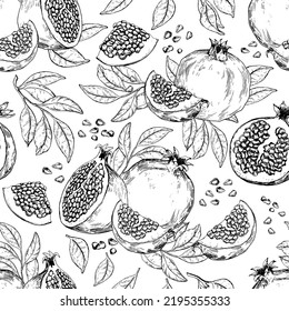 Seamless pattern with pomegranate fruits, seeds and branches. Black and white hand drawn vector illustration.