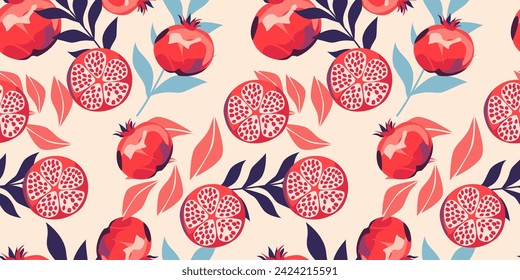 Patrón sin fisuras con frutas de granada y semillas ilustración. Diseño para cosméticos, spa, zumo de granada, productos para el cuidado de la salud, perfume, papel, cubierta, tela, decoración interior. Fondo de moda.