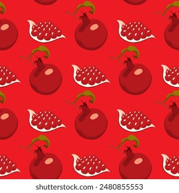 Patrón sin fisuras con frutas de granada y semillas sobre fondo rojo. Diseño de Vector para cosméticos, spa, jugo de granada, productos para el cuidado de la salud. conveniente para el Fondo de pantalla, papel de embalaje, textil