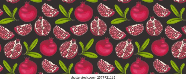 Seamless pattern with pomegranate, half pomegranate, seeds for wrapper, background on black background in flat style