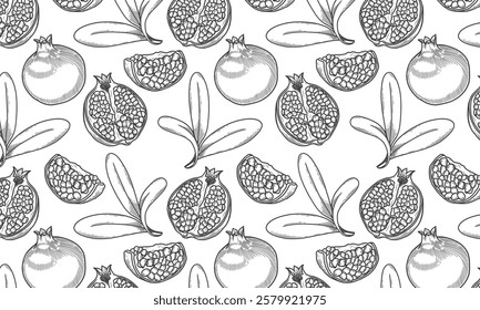 Seamless pattern with pomegranate, half pomegranate, seeds for wrapper, background in stroke style. Line drawing