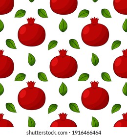 Seamless pattern with pomegranate and leaves. Bright, red, juicy, summery, fruity pattern. Color elements in the linear style are isolated without a background. For clothing design and food packaging