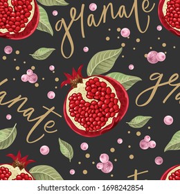 Patrón transparente con granado y hojas. Elemento de diseño para una boda,
cumpleaños, cosméticos naturales y ecológicos. Se puede utilizar para un afiche, invitación o nota.
 Ilustración vectorial. Impresión en tela,