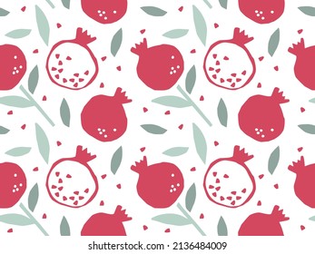 Patrón sin foco con granada y hojas. Fondo del dibujo del doodle dibujado a mano. Frutas enteras y mitad cortada. Plantilla vectorial de comida para menú, papel tapiz de vivero, papel textil, papel de envoltura.