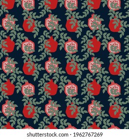 Seamless pattern with pomegranate and leaves isolated on blue. Vector illustration for card, wallpaper, textile, fabric, wrapping