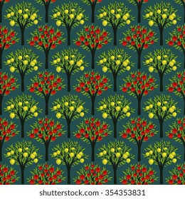 Seamless pattern with pomegranate and lemon trees