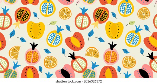 Seamless pattern with pomegranate, orange, and Apple fruits collection. Handrawn illustration Vector. good for printing. 