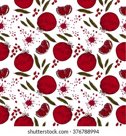 seamless pattern with pomegranate, part of pomegranate seeds and leaves of pomegranate with splashes of juice in retro style