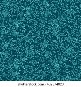 Seamless pattern with pomegranate, Rosh Hashanah symbol. Floral pattern with decorative pomegranate fruits and leaves. Vector illustration