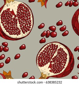 seamless pattern with pomegranate and its seeds