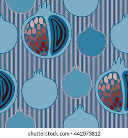Seamless pattern with pomegranate in striped background. Silhouettes. 
