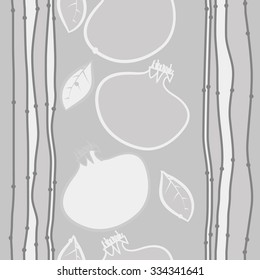 Seamless    pattern  of pomegranate and striped motif,hole, leaves, spots. Hand drawn.