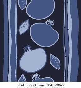 Seamless    pattern  of pomegranate and striped motif,hole, leaves, spots. Hand drawn.