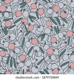 Seamless pattern. Pomegranate tree branches with fruit. Outlined vector illustration on sky blue background for surface design and other design projects
