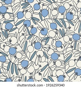 Seamless pattern. Pomegranate tree branches with abstract blue fruit. Outlined vector illustration on white background for surface design and other design projects