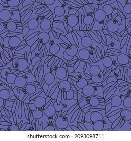 Seamless pattern. Pomegranate tree branches with fruit. Outlined vector illustration. The colors of the 2022 year Very Peri, blue a violet-red undertone background.