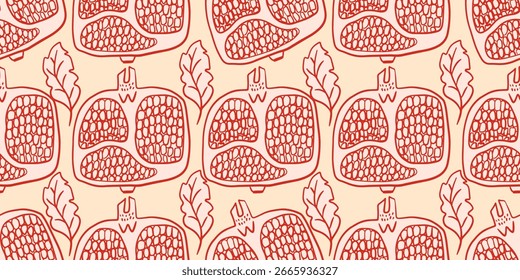 Padrão contínuo com romã. Ilustração gráfica vetorial com frutas, sementes texturizadas e folhas. Elementos de design para tecido, papel de parede, mídia social, cartazes e banners.