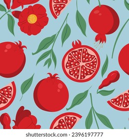 Seamless pattern with pomegranate, whole and sliced, with leaves and flowers on a blue background