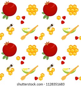 Seamless pattern with pomegranates, apple slices and honey dippers, honeycombs and bees, holiday symbols, Harvest festival, Honey festival, holiday of Rosh Hashanah