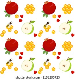 Seamless pattern with pomegranates, apple slices and honey dippers, honeycombs and bees, holiday symbols, Harvest festival, Honey festival, holiday of Rosh Hashanah