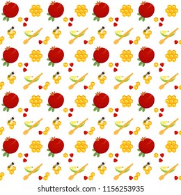 Seamless pattern with pomegranates, apple slices and honey dippers, honeycomb and bees, holiday symbols, Harvest festival, Honey festival, holiday of Rosh Hashanah