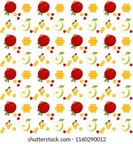 Seamless pattern with pomegranates, apple slices and honey dippers, honeycombs and bees, holiday symbols, Harvest festival, Honey festival, holiday of Rosh Hashanah