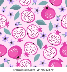 Seamless pattern with pomegranates, berries, flowers and leaves. Vector illustration