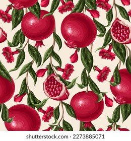 Seamless pattern with 
pomegranates branches anf flowers. Vector