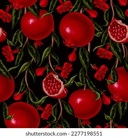 Seamless pattern with 
pomegranates branches anf flowers. Vector