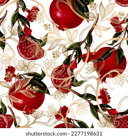 Seamless pattern with 
pomegranates branches and gold branches. Vector