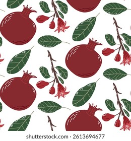 Seamless Pattern of Pomegranates, Flowers, and Leaves on White Background. Dynamic seamless pattern showing illustrated pomegranates, blossoms, and green leaves, creating a natural and artistic 