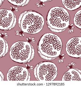 Seamless pattern with pomegranates fruits. Hand drawn vector illustration on pink background.